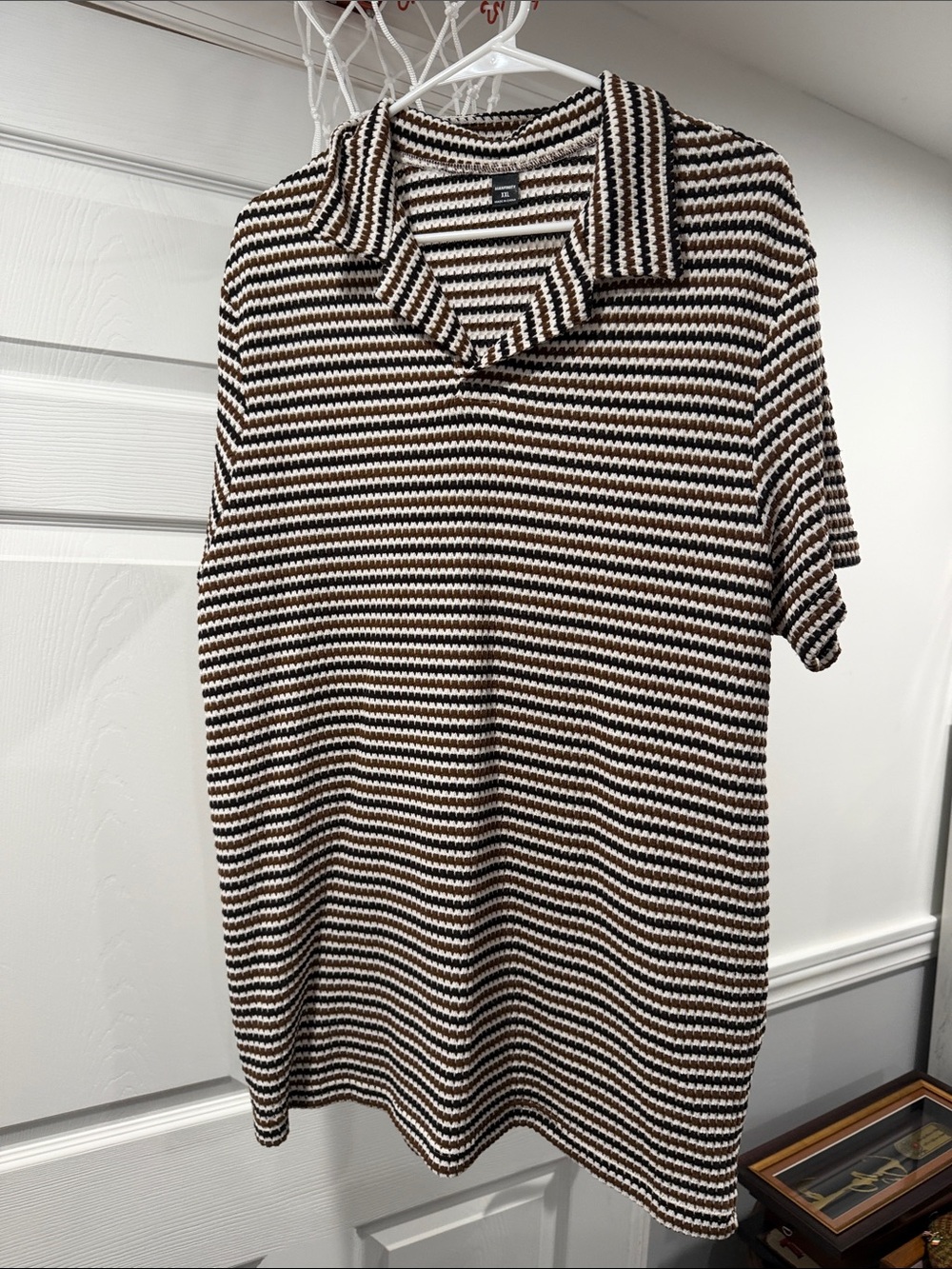 Striped Polo Knit Dress in White & Brown